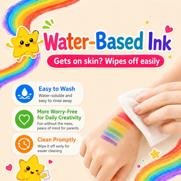 A hand applies colorful water-based ink to skin, demonstrating its easy washability and clean application.