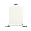 A rectangular sheet of white transparent sticky notes, measuring 51mm by 76mm, packaged as a 50 piece set.