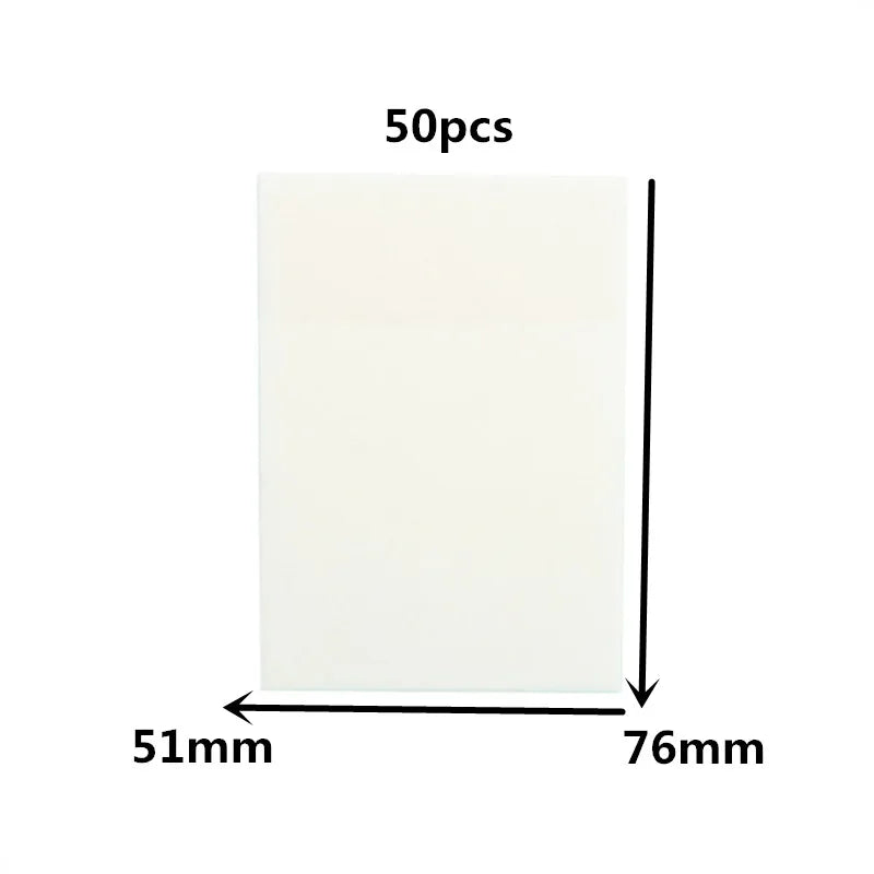 A rectangular sheet of white transparent sticky notes, measuring 51mm by 76mm, packaged as a 50 piece set.