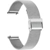 A stainless steel Milanese loop watch band with a quick release clasp shown in a curved view.
