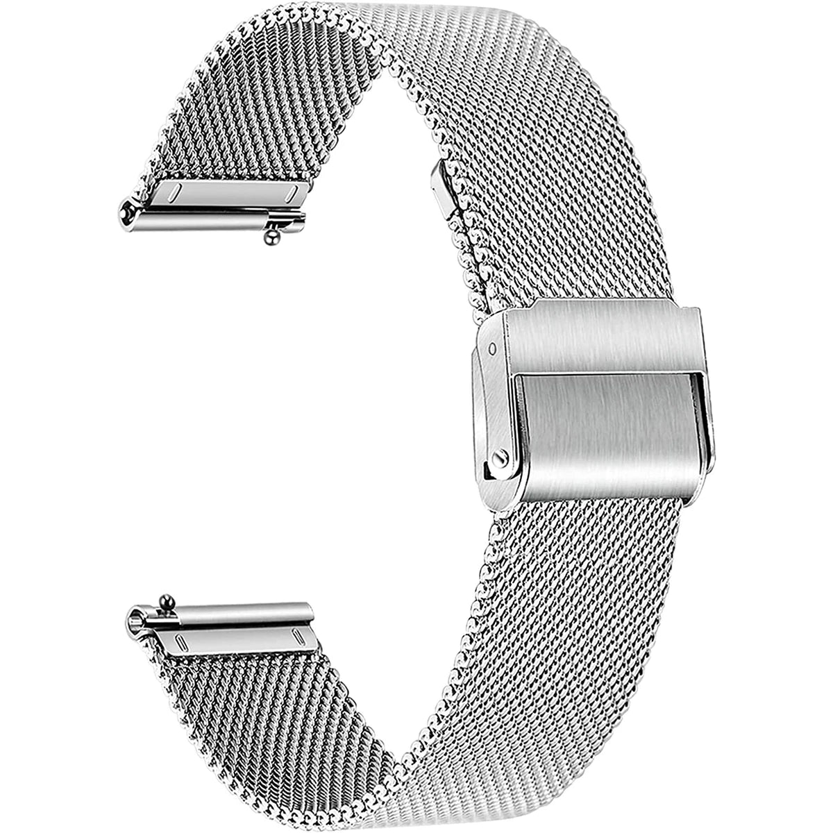 A stainless steel Milanese loop watch band with a quick release clasp shown in a curved view.