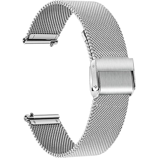 A stainless steel Milanese loop watch band with a quick release clasp shown in a curved view.
