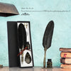 A black feather dip pen set displayed in a dark box with various calligraphy tools and accessories.