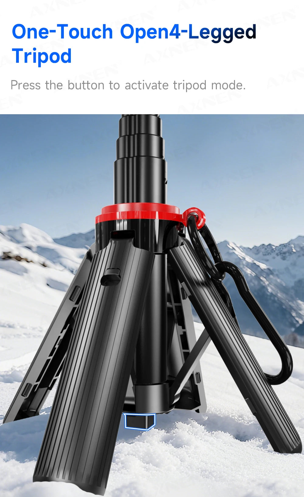 A black Open4-legged tripod is set up in the snow, showing its structure and legs.