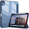 A blue premium hybrid case for an iPad 10th generation tablet is shown in a studio setting.