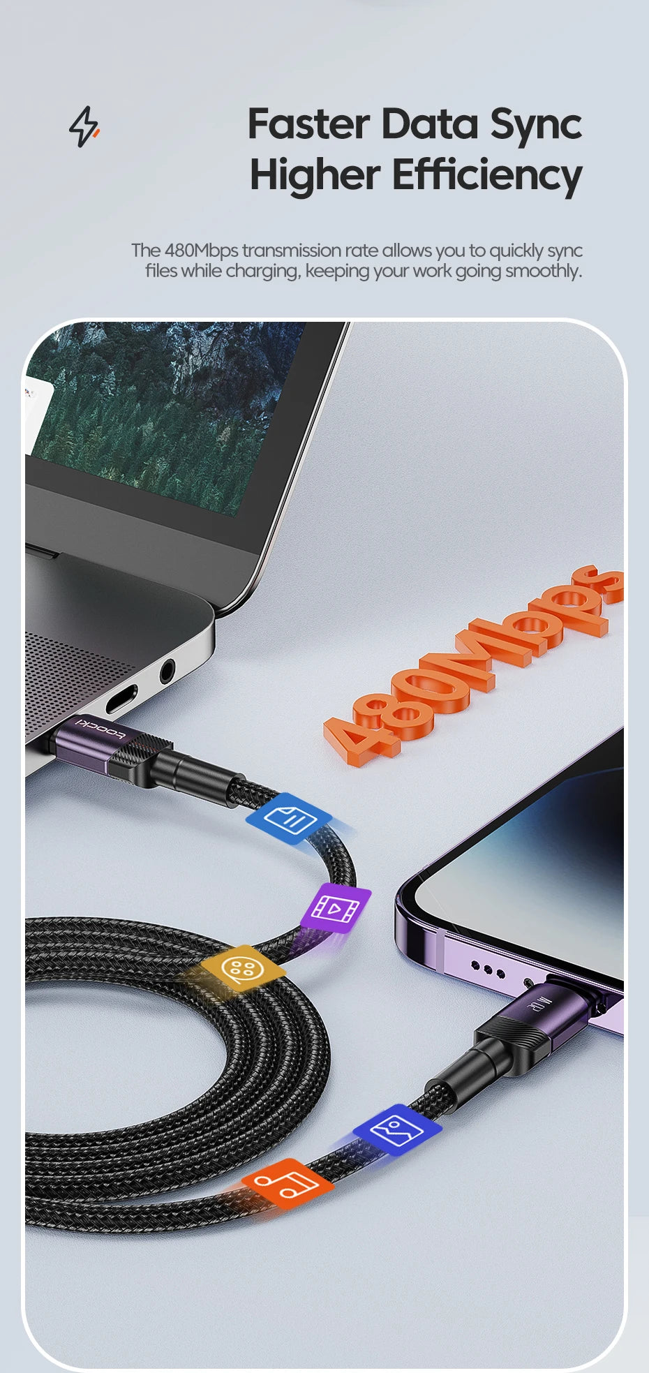 A black data sync cable connects a laptop to an iPhone, illustrating faster data synchronization.