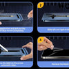 Instrucciones para aplicar una pantalla protectora usando una flecha y quitar la película de la máscara.