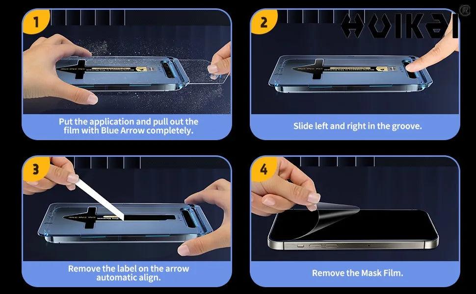 Instrucciones para aplicar una pantalla protectora usando una flecha y quitar la película de la máscara.