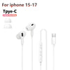 White wired Type-C earphones with microphone and charging cable for iPhone 15-17.