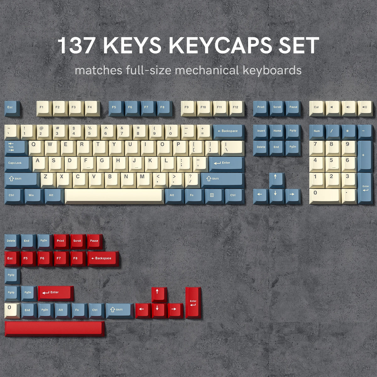 A set of 137 keys keycaps for full-size mechanical keyboards shown laid out on a gray background.