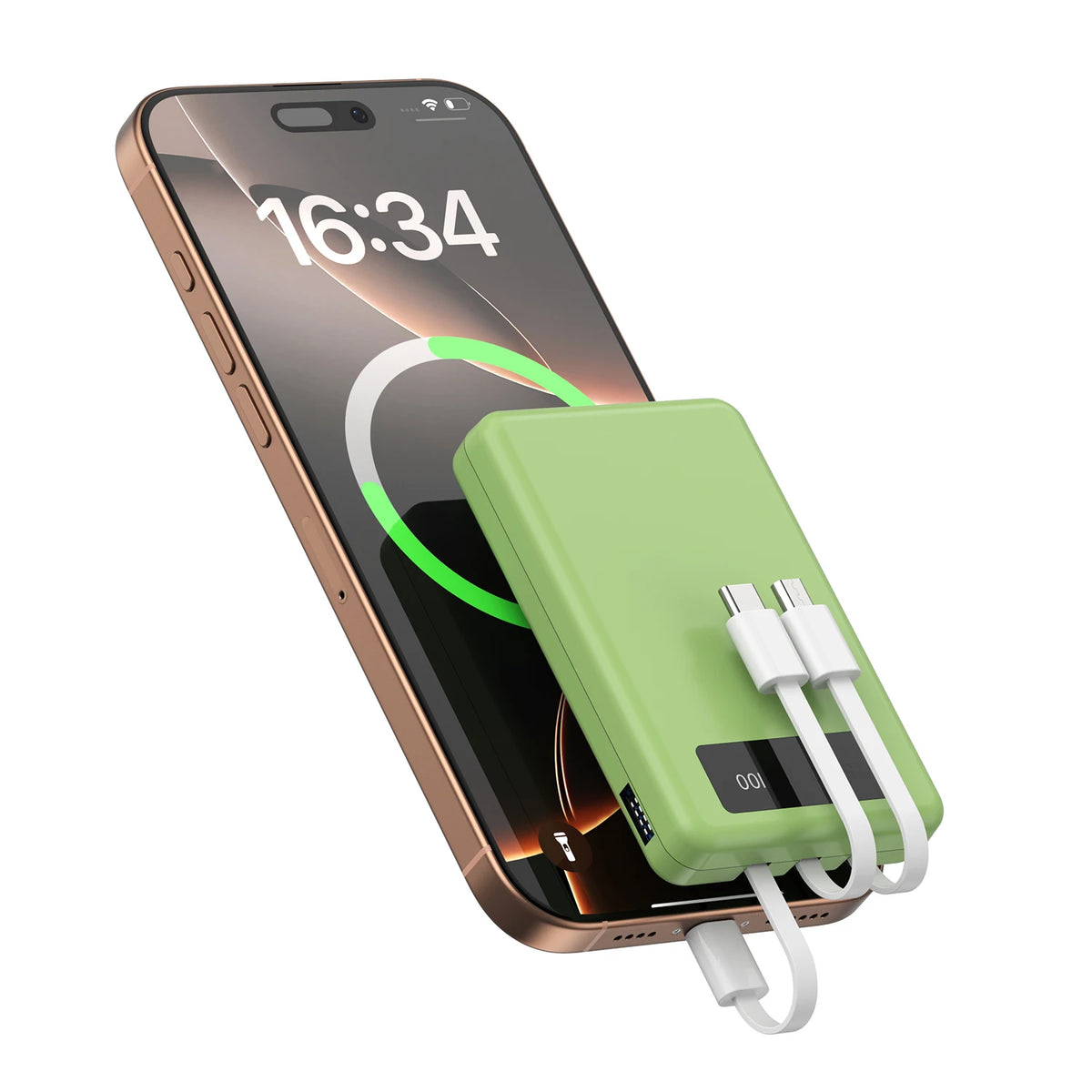 A portable power bank in light green color is shown connected to a smartphone displaying the time 16:34.