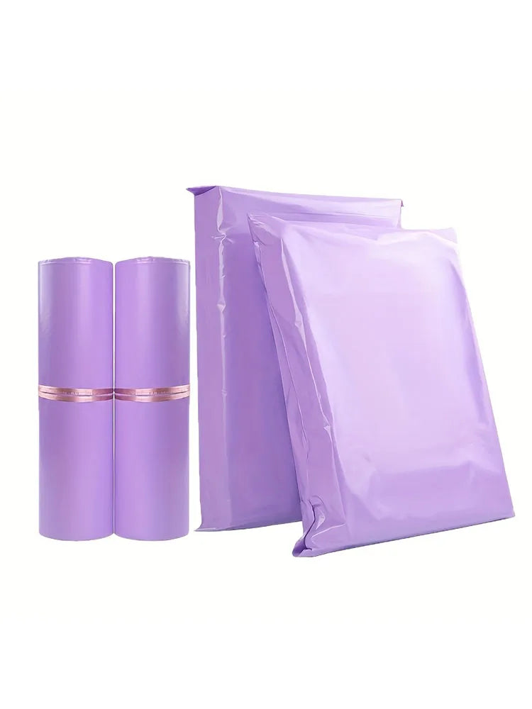 Three purple waterproof self-adhesive courier mailer bags are displayed side by side.