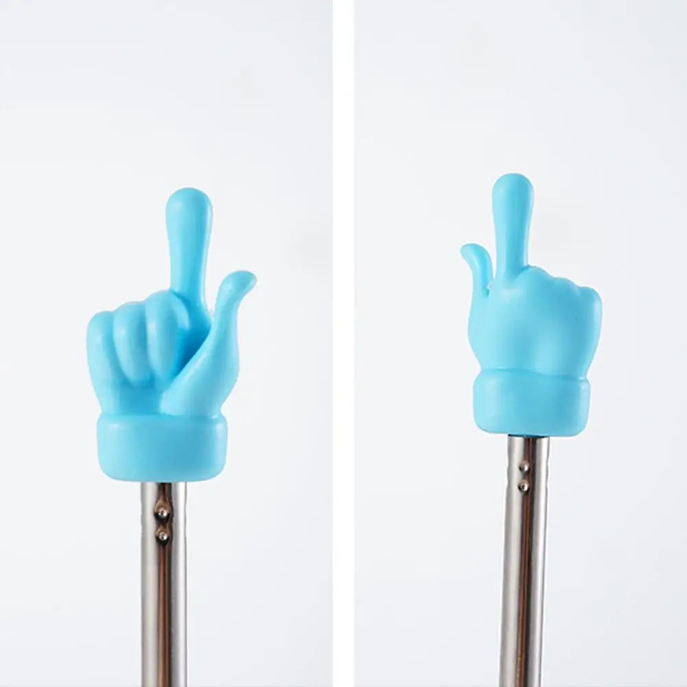 A light blue retractable hand pointer stick with a finger gesture, shown in two views.