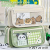 A light beige pencil case featuring a transparent flip pocket with cute panda-themed decorations.