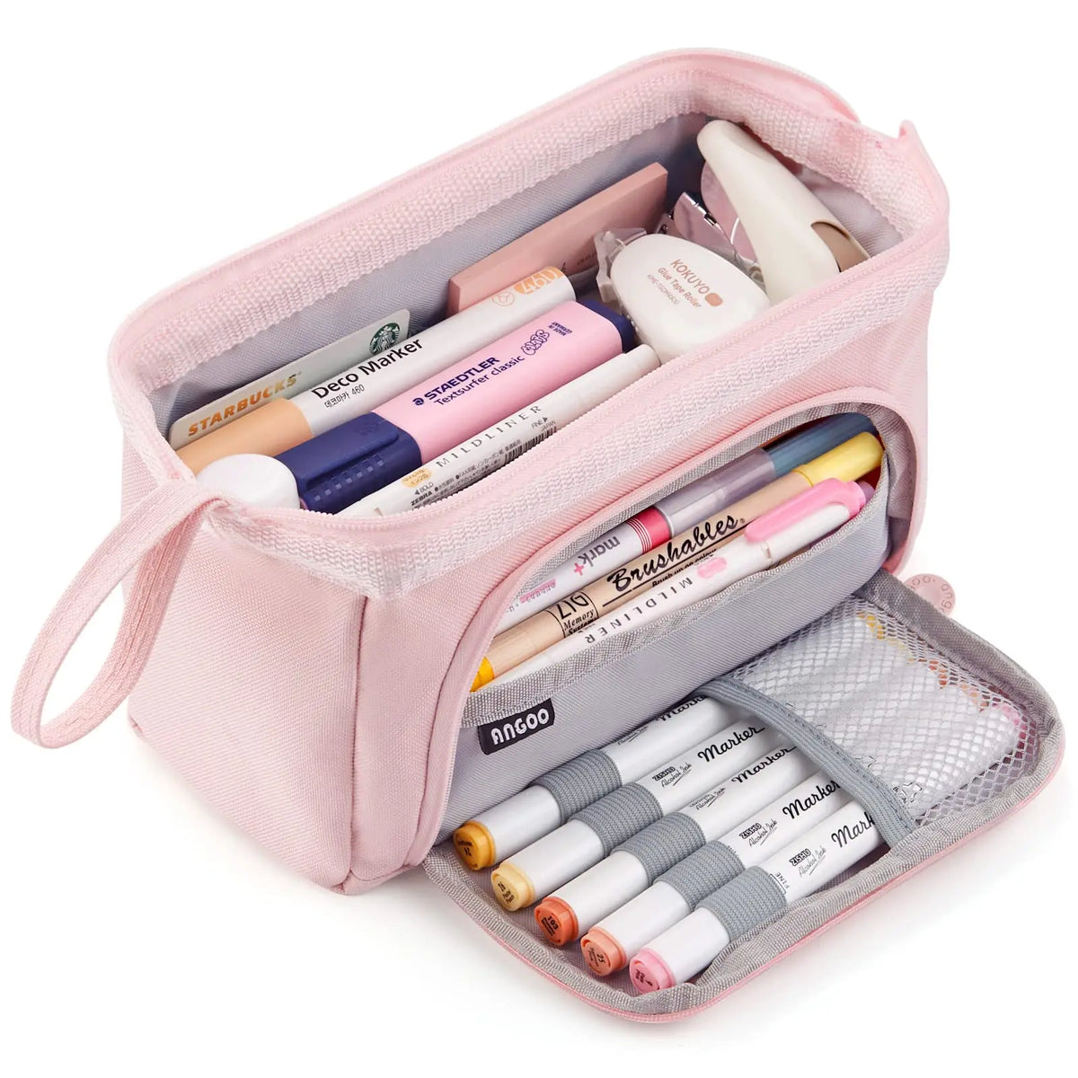 A pink canvas double-deck pencil case containing various colored markers and pencils.