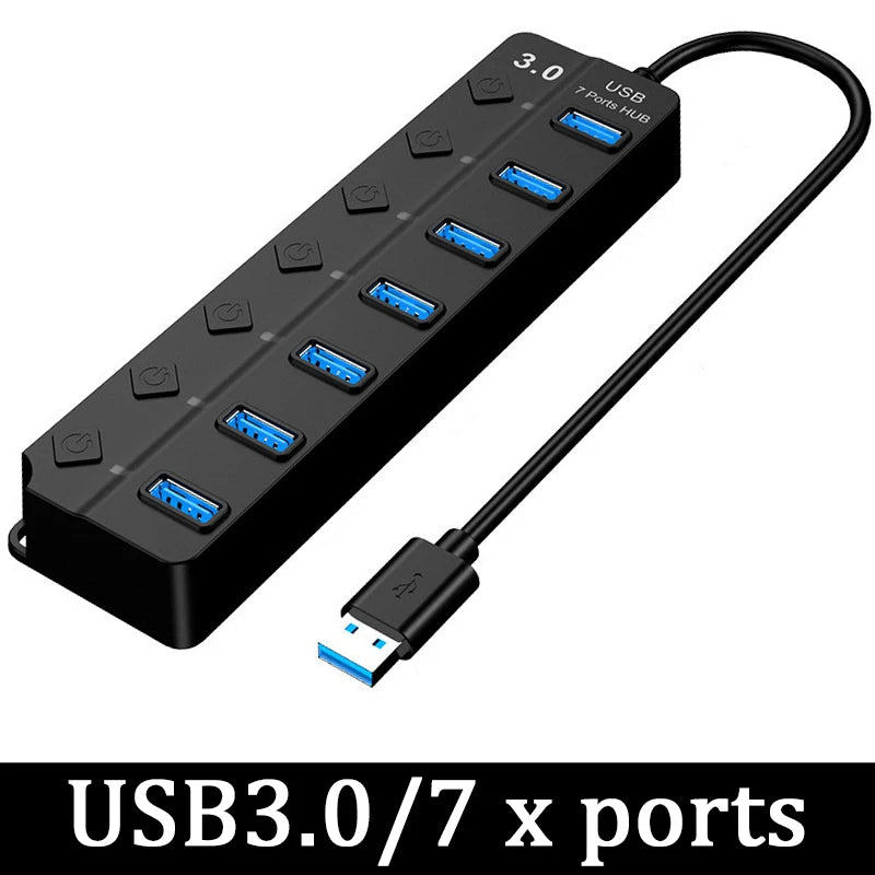 Black USB 3.0 hub with seven ports, each featuring a power switch and LED indicator.