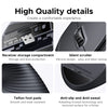 Close-up view of an ergonomic wireless vertical mouse showing details like the receiver compartment, silicone scroll, Teflon 