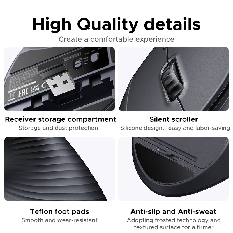Close-up view of an ergonomic wireless vertical mouse showing details like the receiver compartment, silicone scroll, Teflon 