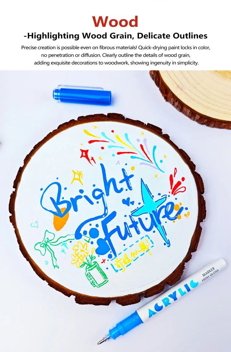 A round cake decorated with bright blue and yellow lettering, surrounded by an acrylic marker pen.