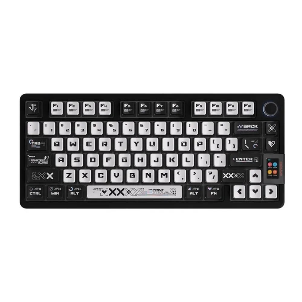 A black mechanical keyboard featuring a CSGO gaming keycap set with transparent pudding style PBT keycaps.