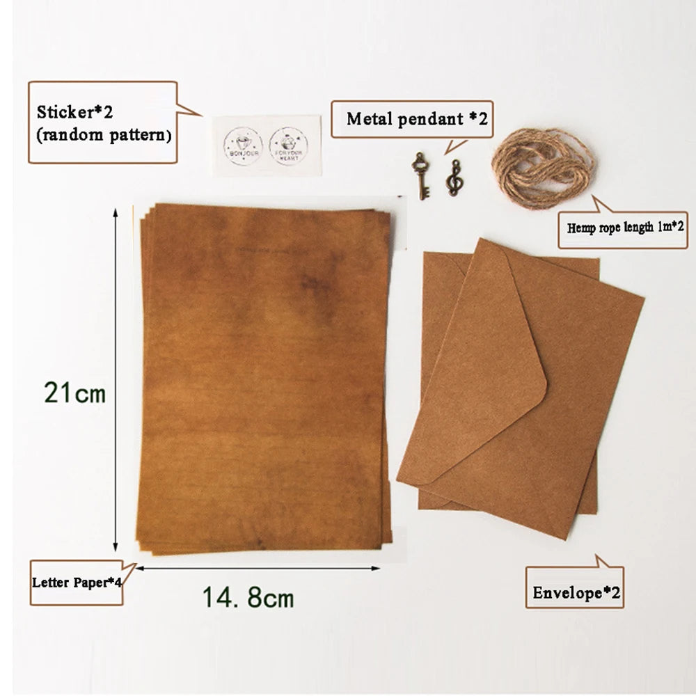 A set of vintage European style letter and invitation envelopes, including paper, stickers, metal pendants, and hemp rope.