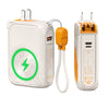 A white magnetic wireless power bank with an orange plug and cable is shown on a white background.
