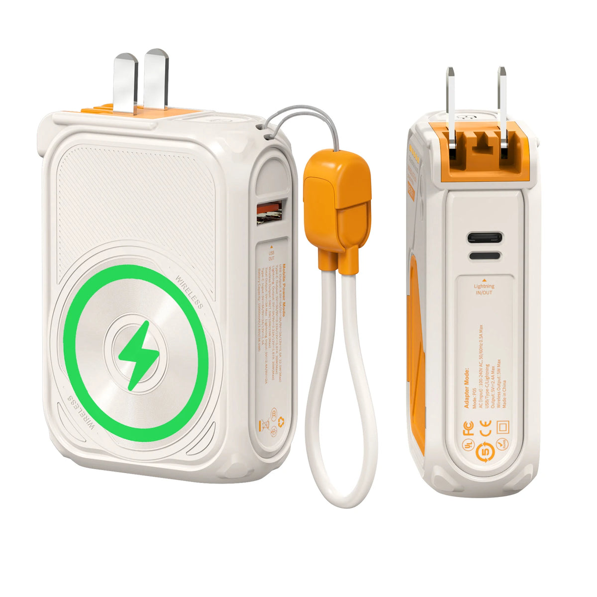 A white magnetic wireless power bank with an orange plug and cable is shown on a white background.