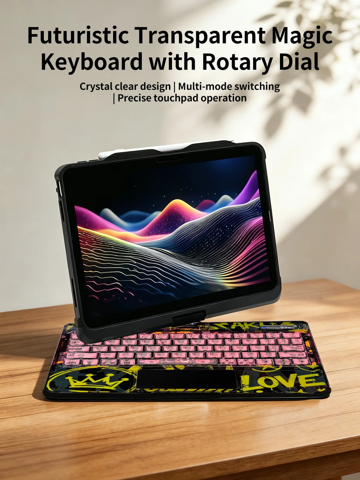 A transparent magic keyboard with a rotary dial and trackpad is shown resting on an iPad.
