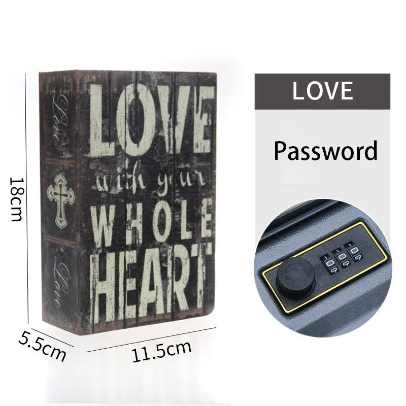A dark wooden box with carved text LOVE with your WHOLE HEART and a lock mechanism for secret cash storage.