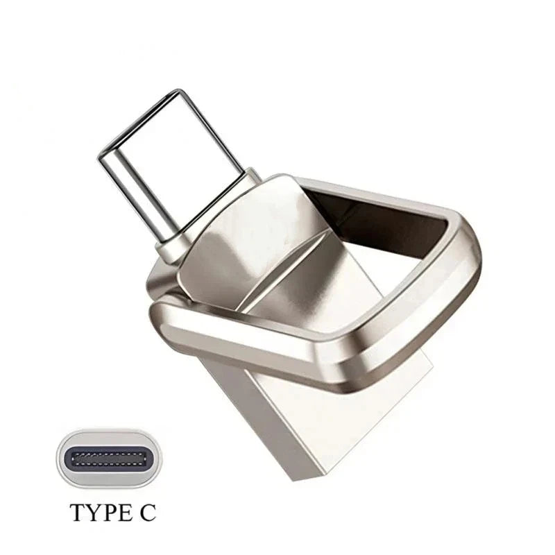 Silver metal flash drive with a Type C connector and a clip design.