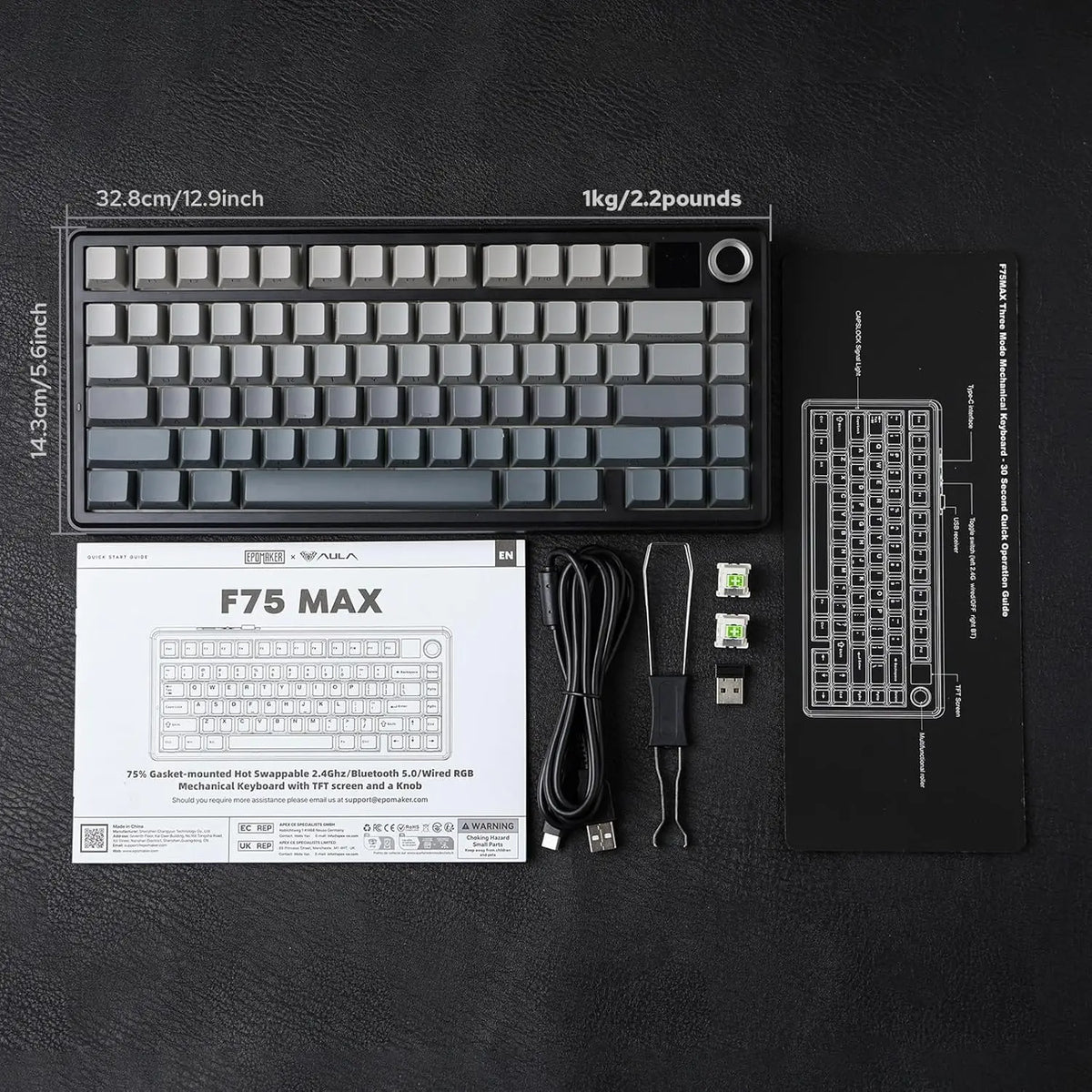 A black mechanical keyboard, the Aula F75 MAX, is shown with its components and packaging details.