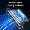 A portable USB rechargeable car cooling fan with blue light effects is shown against a dark background.