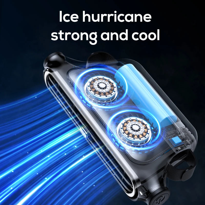 A portable USB rechargeable car cooling fan with blue light effects is shown against a dark background.
