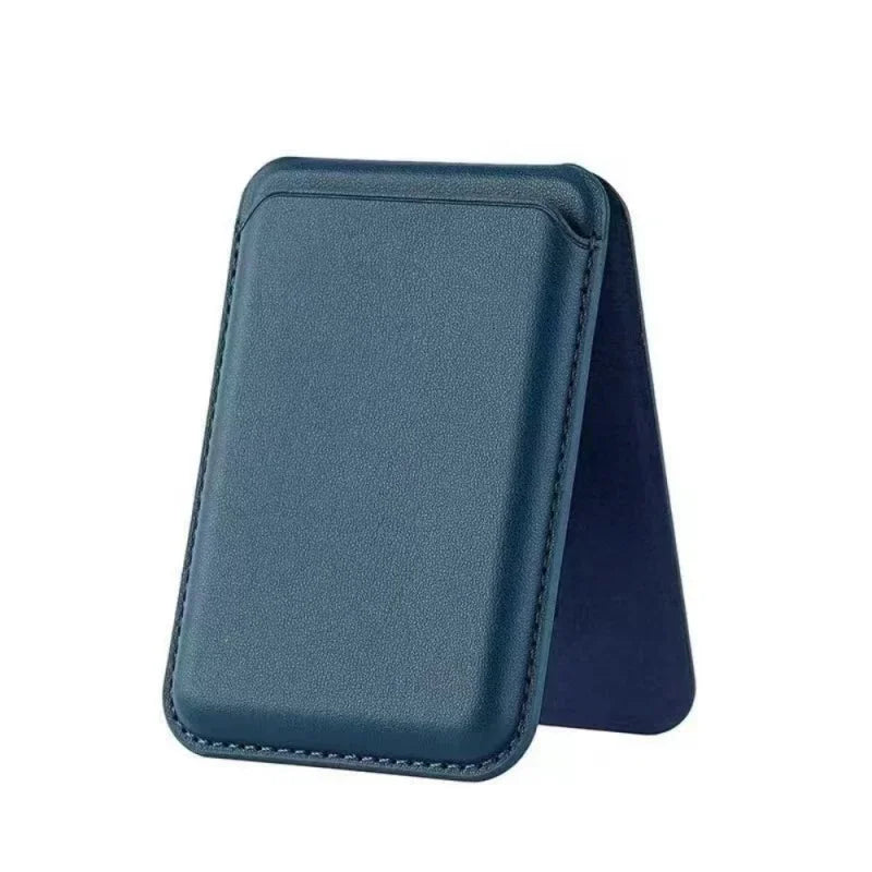 A dark blue magnetic leather wallet with a protective stand case shown from the side.