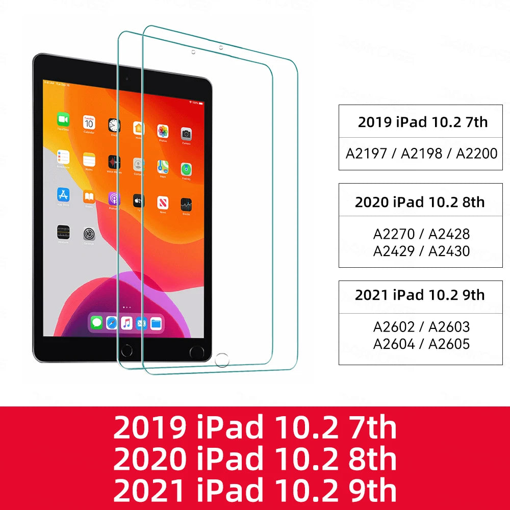 Tempered glass screen protectors for 2019, 2020, and 2021 iPad 10.2 models.