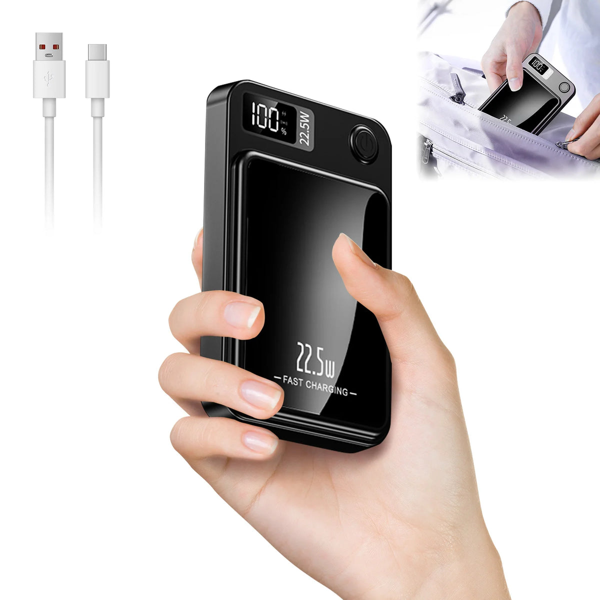 A hand holds a black magnetic wireless power bank with a digital display showing 22.5W fast charging capability.