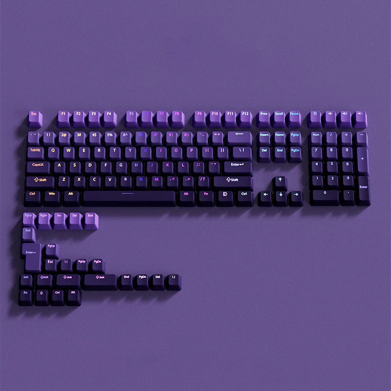 A close-up view of a purple PBT keycap set for mechanical keyboards displayed against a solid purple background.