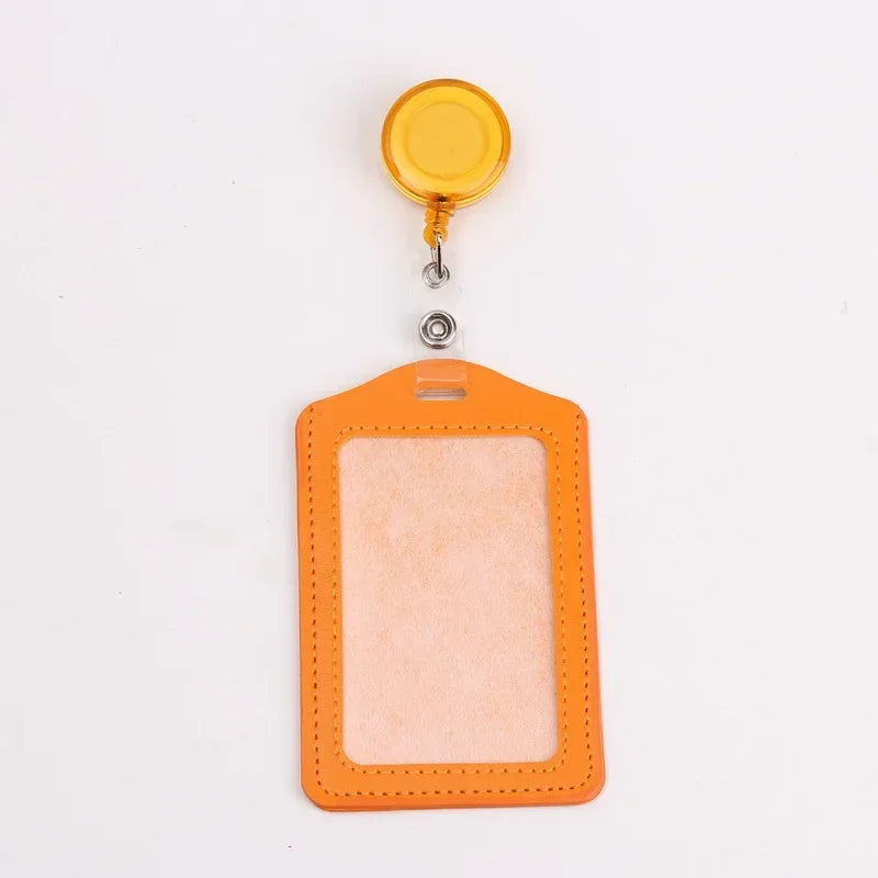 Orange PU leather retractable ID card holder with a gold reel and badge case