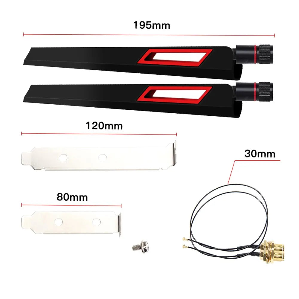 A set of high-performance dual-band WiFi antennas, including black rectangular antennas and a white connector and cable.