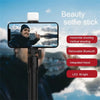 A black selfie stick is shown extending a smartphone for photography with various features listed.