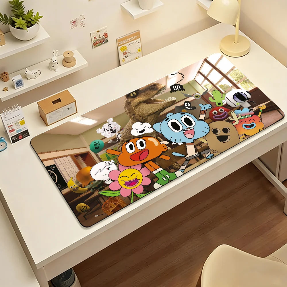 A colorful cartoon mouse pad featuring various animated characters and scenes on a white desk.
