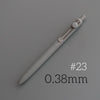 A close-up view of a light gray precision gel pen with a silver clip and a 0.38mm tip.
