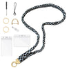 A black and blue patterned stretchy breakaway ID badge lanyard with a gold clip and retractable reel.