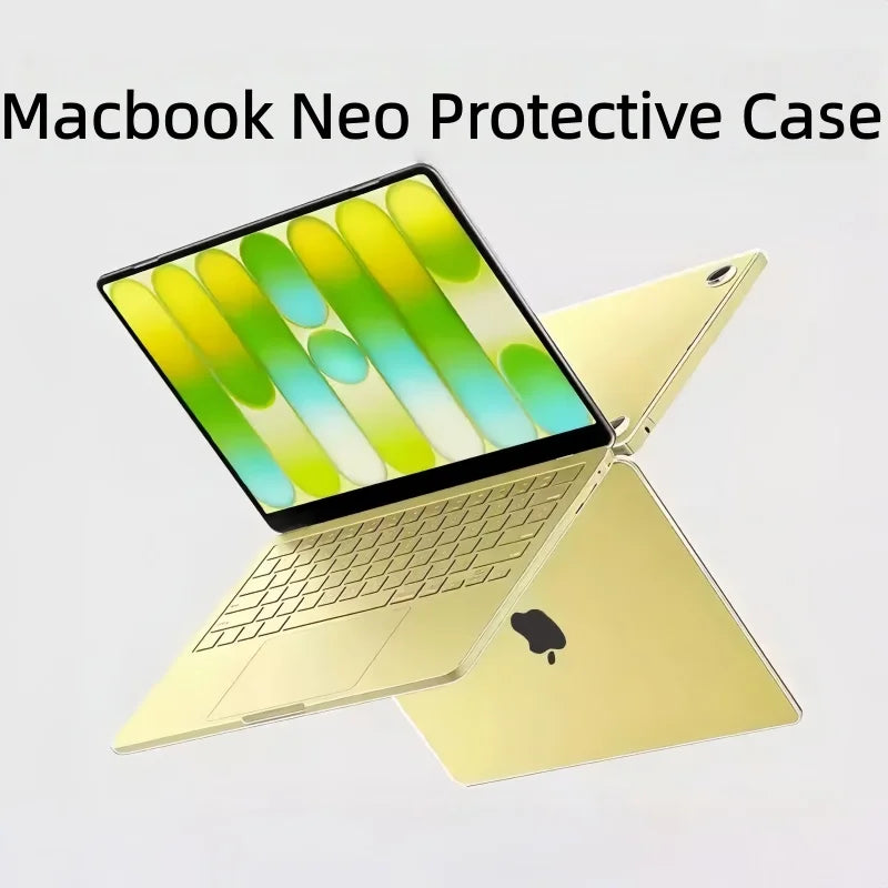 Una funda protectora amarilla cubre una MacBook, con la pantalla mostrando un patrón verde y amarillo.