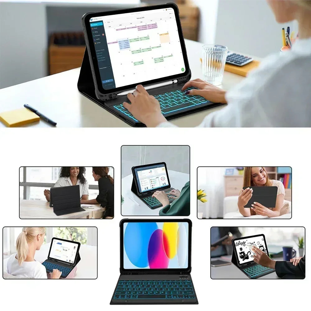 A person is using a universal Bluetooth keyboard case for an iPad on a white desk.