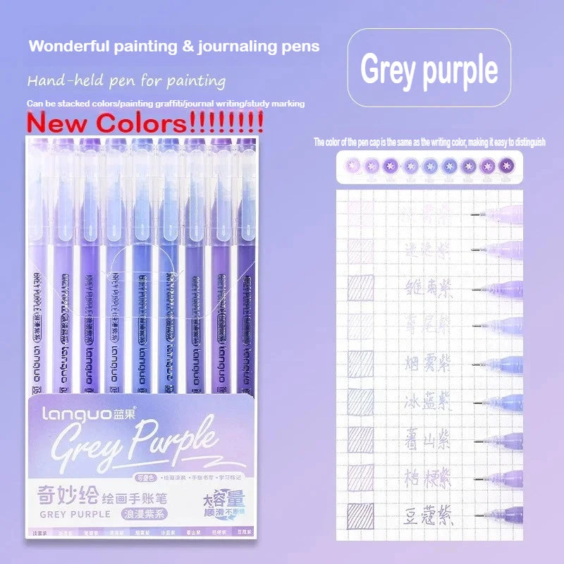 A set of grey purple hand-held pens for painting and journaling, featuring various color styles.