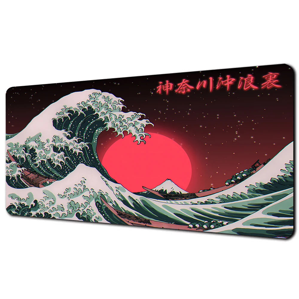 A dark background image featuring a large red sun over a crashing wave and mountains, with Japanese text above.