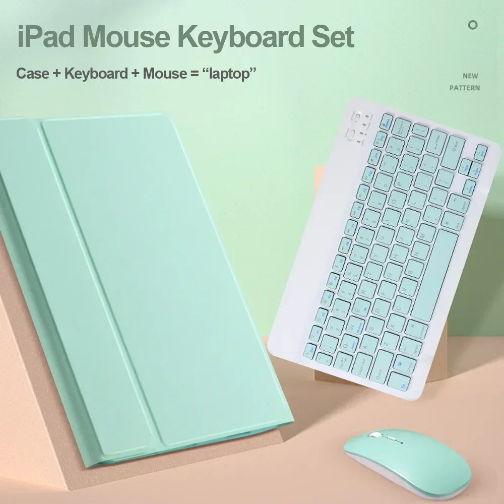 Set aus iPad-Maus und Tastatur in hellmintgrüner Hülle
