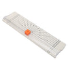 A portable manual paper trimmer with a transparent plastic body and an orange guide piece, showing measurement lines.