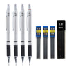A set of metal mechanical pencils with leads ranging from 0.5 to 2.0, packaged in a black case.